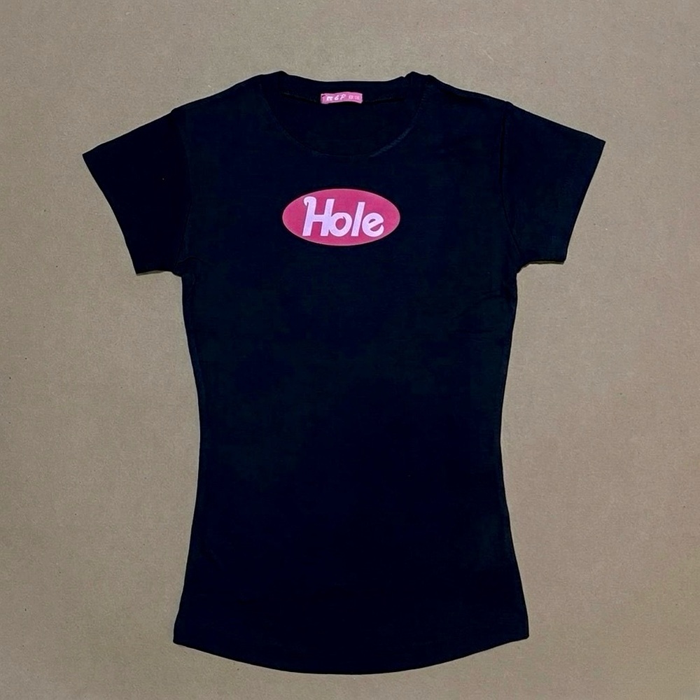 Hole band graphic logo printed on black baby tee 90s grunge